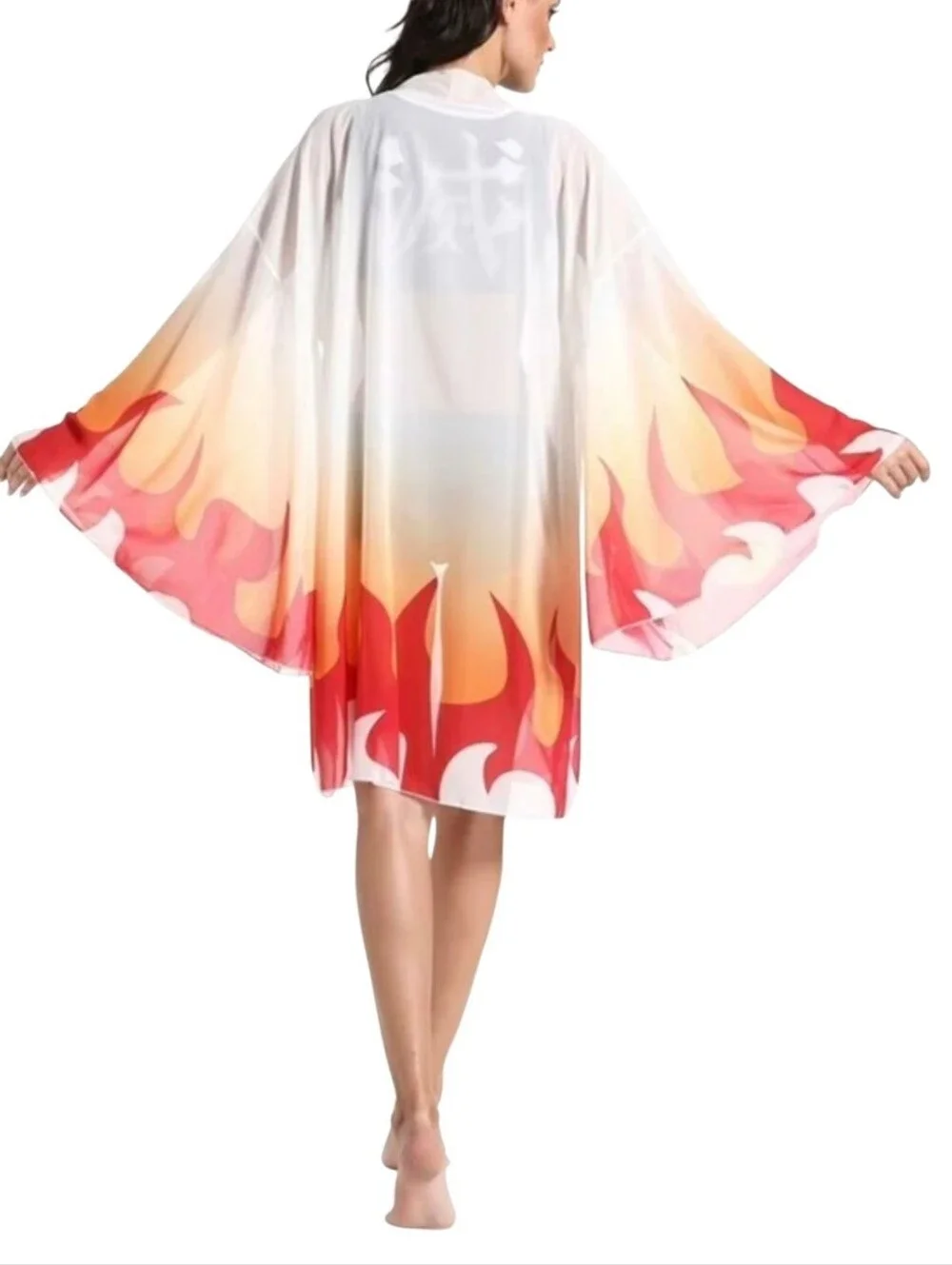 #2 Flame Print Sheer Kimono Cardigan Open Front Long Sleeve Swim Cover Up- Sz OS